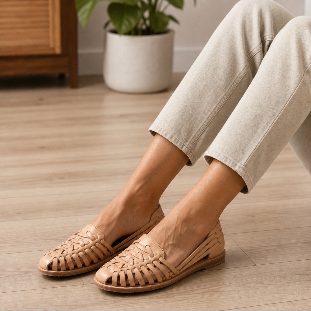 Nisolo Huarache Leather Sandal Almond Tan Woven Flat Womens 6.5 New in Box